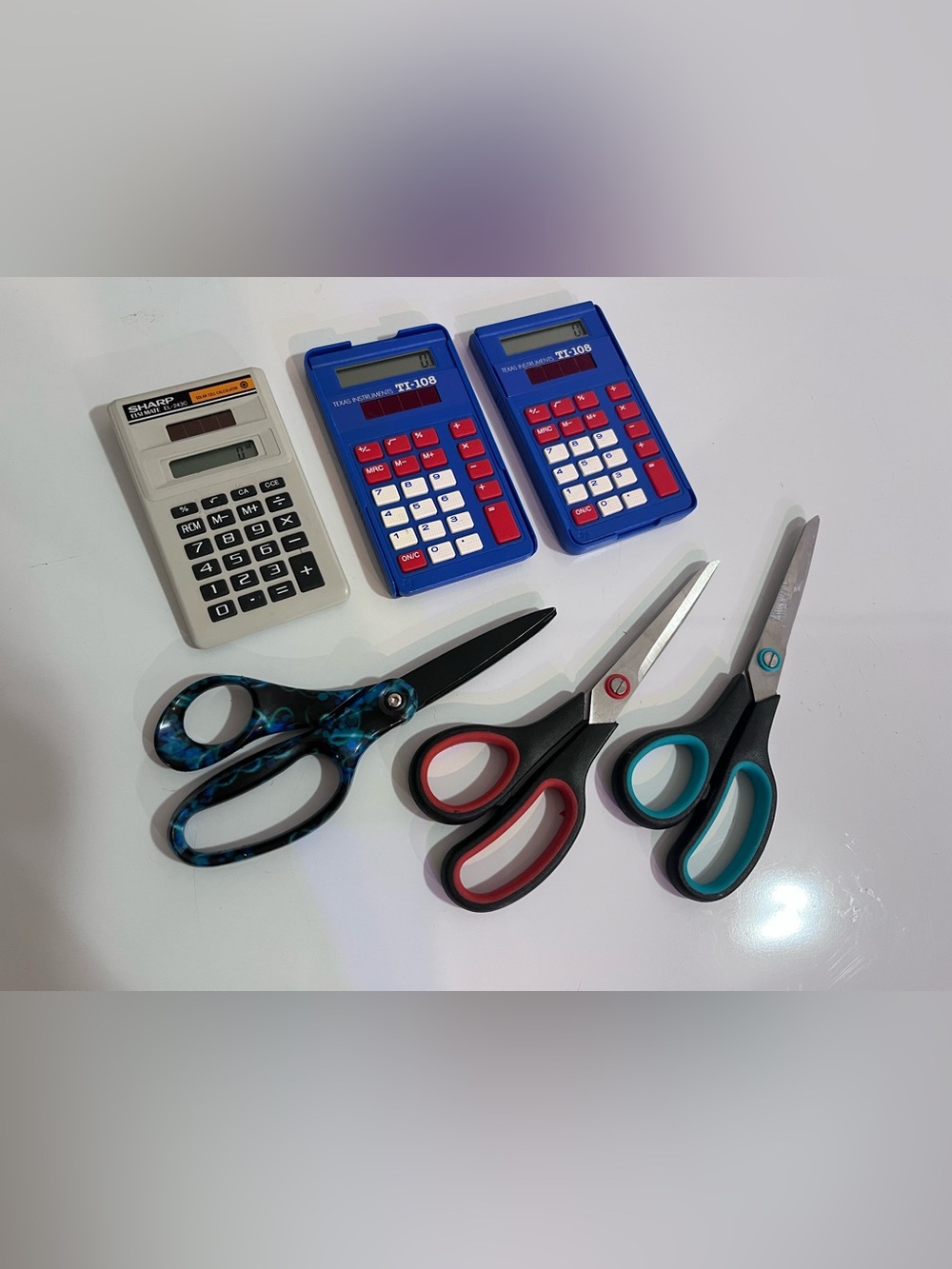 Kids School Supplies Bundle: 3 Scissors + 3 Calculators (TI-108, Sharp)